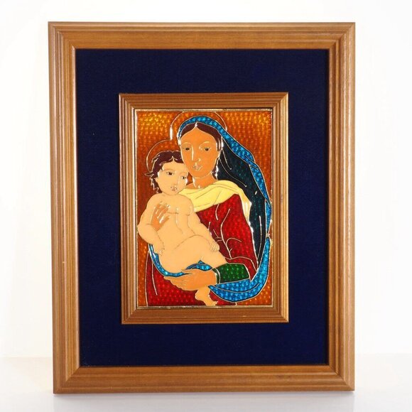 Vintage Madonna and Child Italy Framed Hand Finished Pewter Stained Glass - Picture 3 of 10